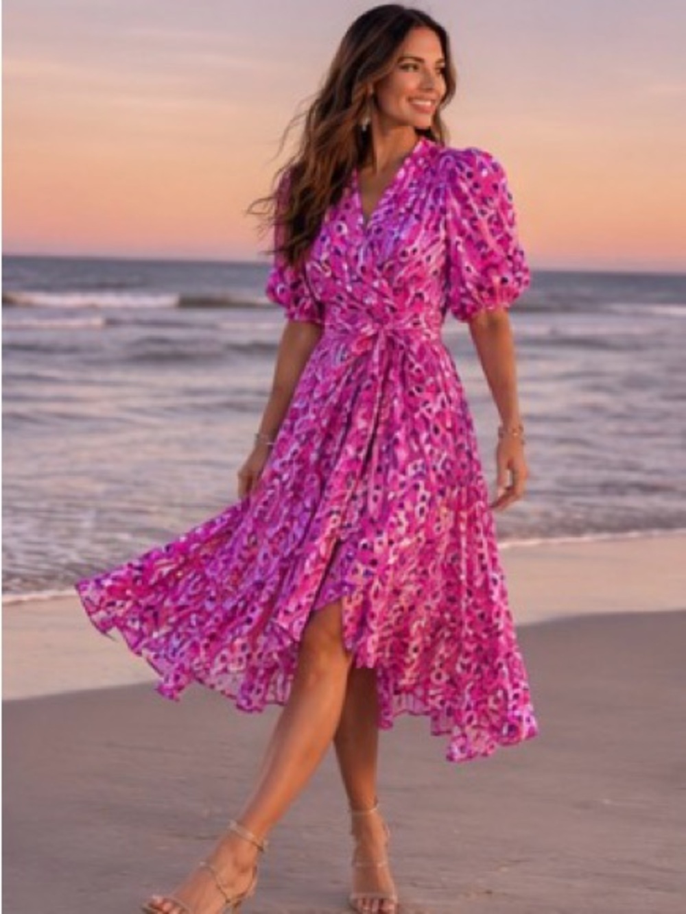 Lilly Pulitzer Juney Faux Wrap Midi Dress | Wild Fuchsia | Puff Sleeve | 6 - Picture 11 of 14